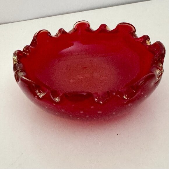 Ruby Red Murano Art Blown Glass Trinket Bowl 4.5” Glows Uv Bullicante Vintage - Picture 6 of 16